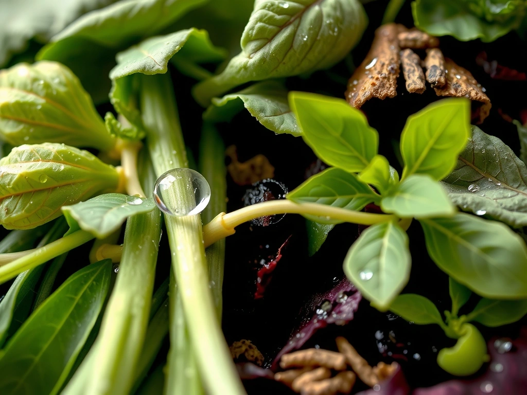 Close-up of vibrant, fresh organic herbs and botanicals, showing dew drops and natural textures. No text.