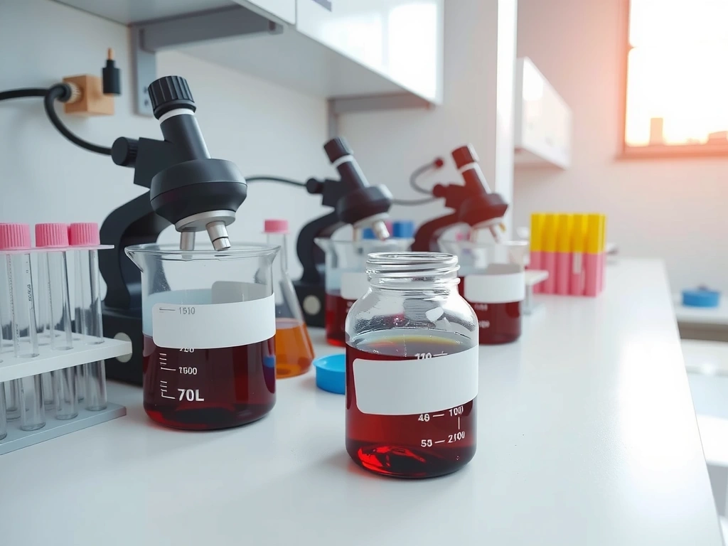 Laboratory setting with scientific equipment, beakers, and test tubes, implying rigorous testing and quality control. No text.