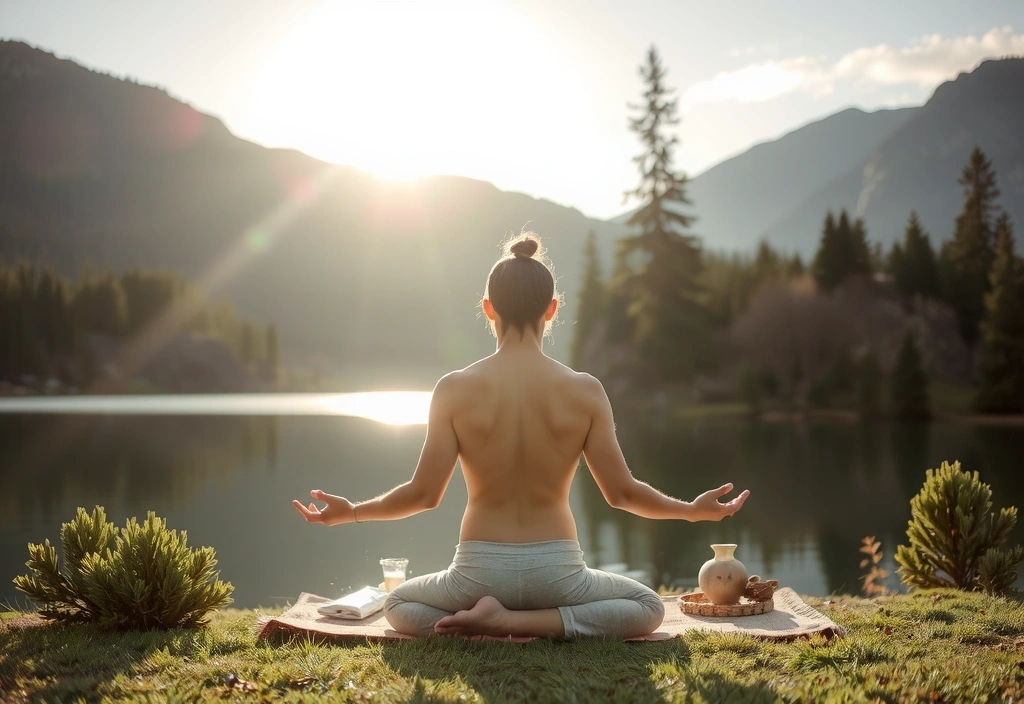 Person meditating in a serene natural setting