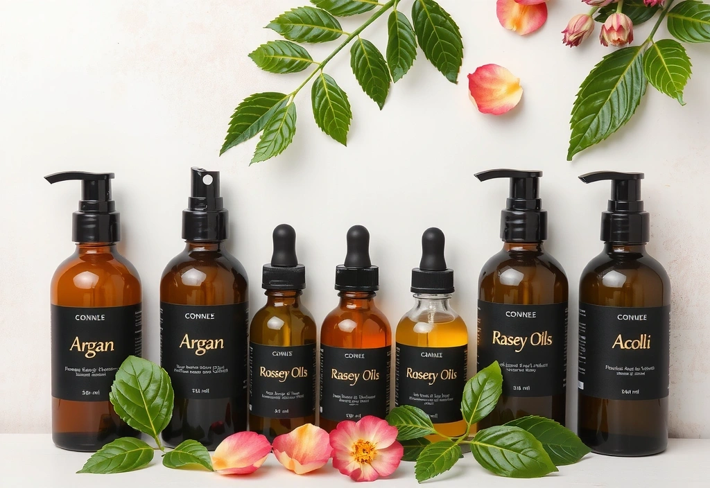 Various plant-based oils in elegant bottles with green leaves