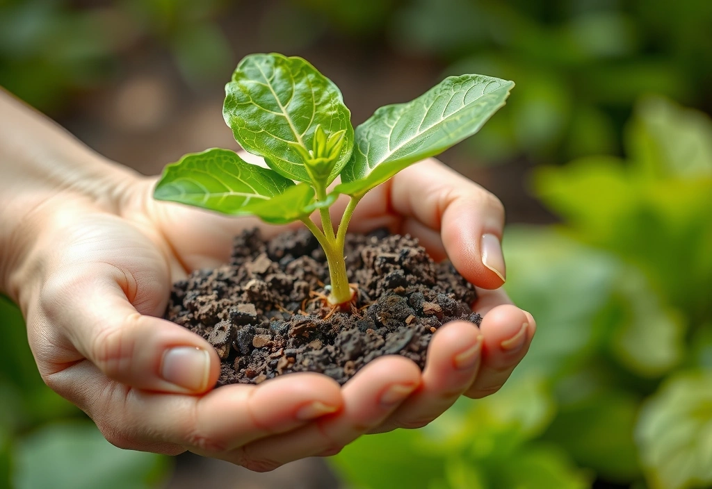 Hands holding a vibrant green plant seedling in rich soil, symbolizing sustainable growth and ethical sourcing.