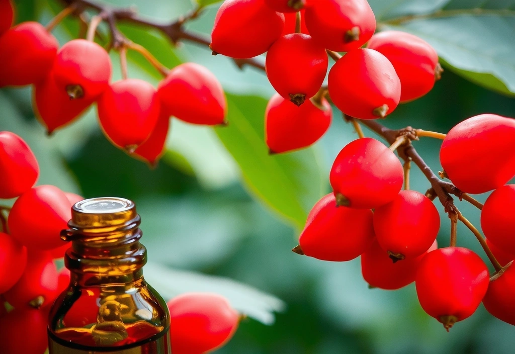 Rosehip berries and oil in a dropper bottle, symbolizing regeneration.