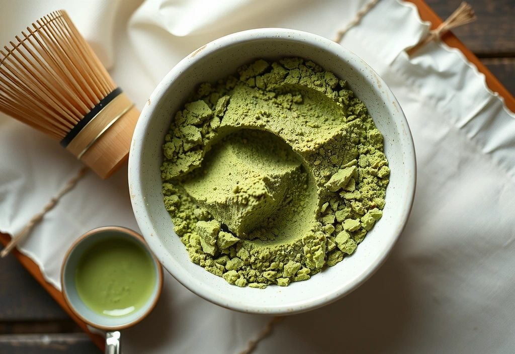 Vibrant green Matcha powder in a bowl with a bamboo whisk, conveying energy and health.